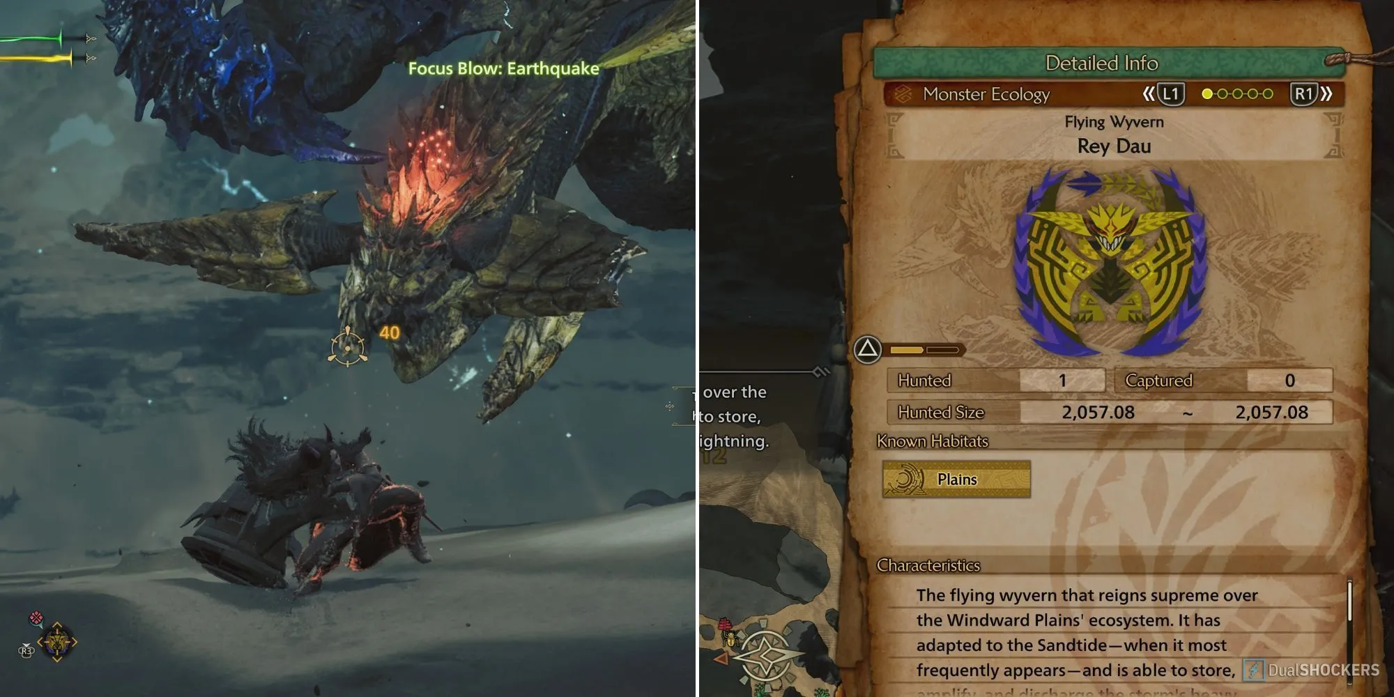 Hình ảnh một thợ săn đối đầu quái vật Rey Dau trong Monster Hunter Wilds