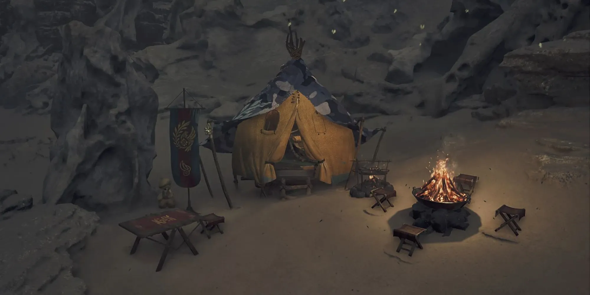 Hình ảnh một Trại tạm (Pop-up Camp) điển hình trong Monster Hunter Wilds với lều và vật dụng