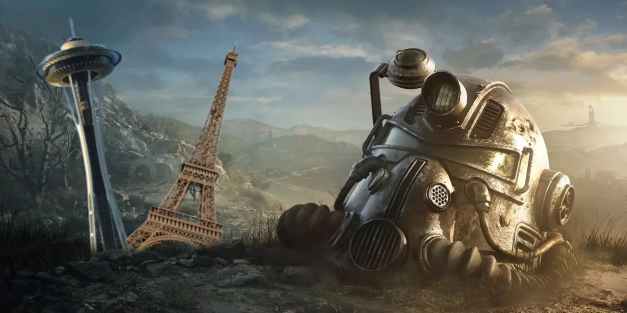 Hình ảnh mũ Power Armor đặc trưng của Fallout đặt cạnh các công trình biểu tượng như Tháp Eiffel và Space Needle, gợi ý những bối cảnh tiềm năng cho Fallout 5