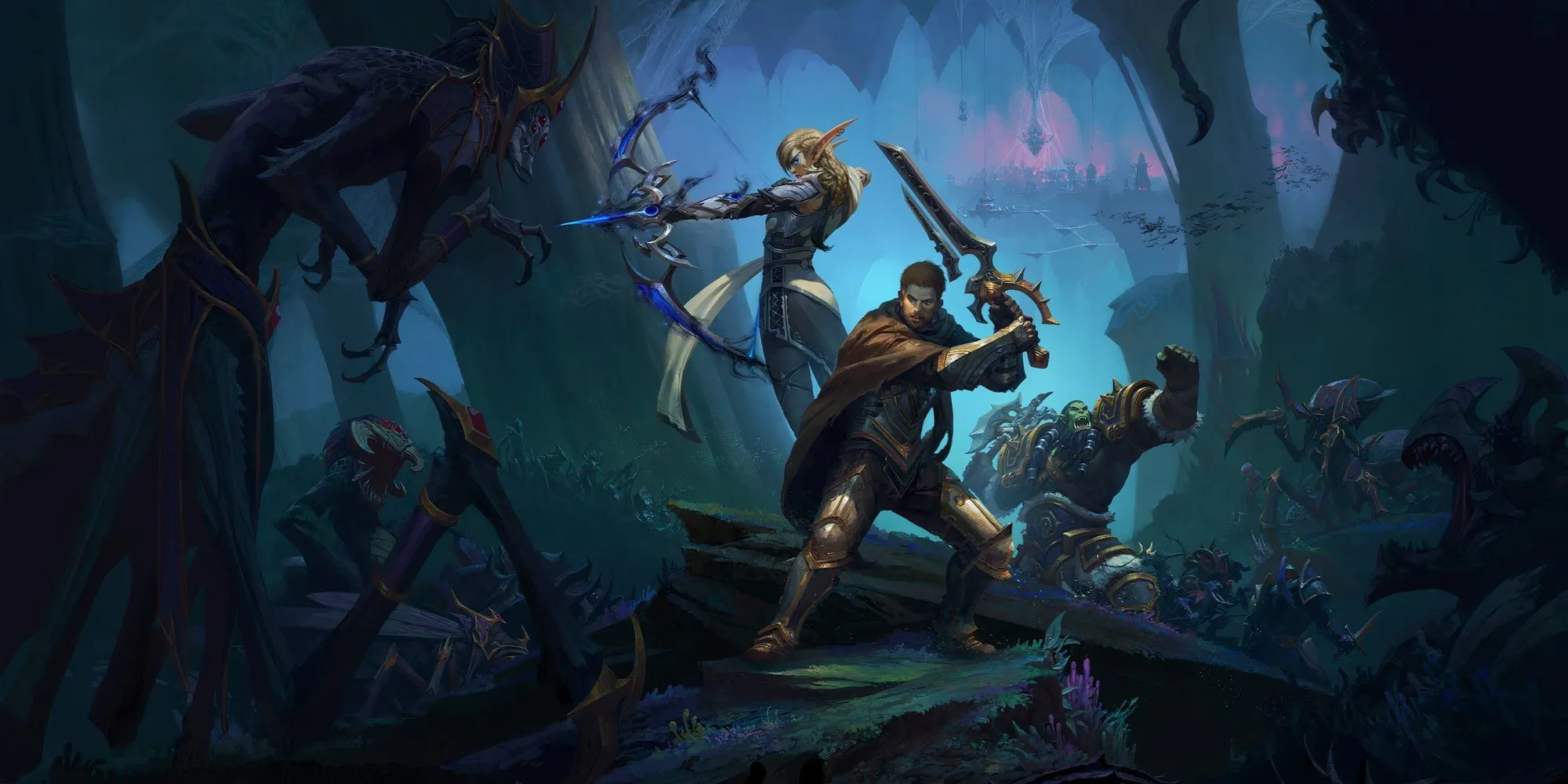 Hình ảnh quảng cáo World of Warcraft The War Within với các nhân vật huyền ảo chuẩn bị cho trận chiến