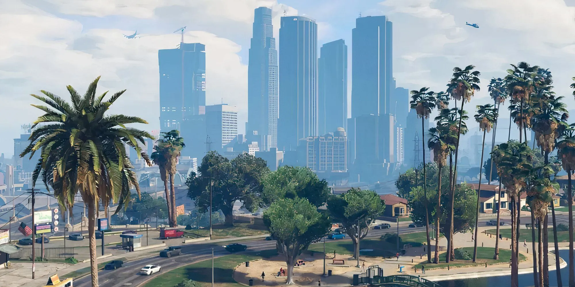 Hình ảnh thành phố Los Santos trong Grand Theft Auto 5, nơi tác giả thực hiện cuộc biểu tình đi bộ phản ánh giao thông LA.