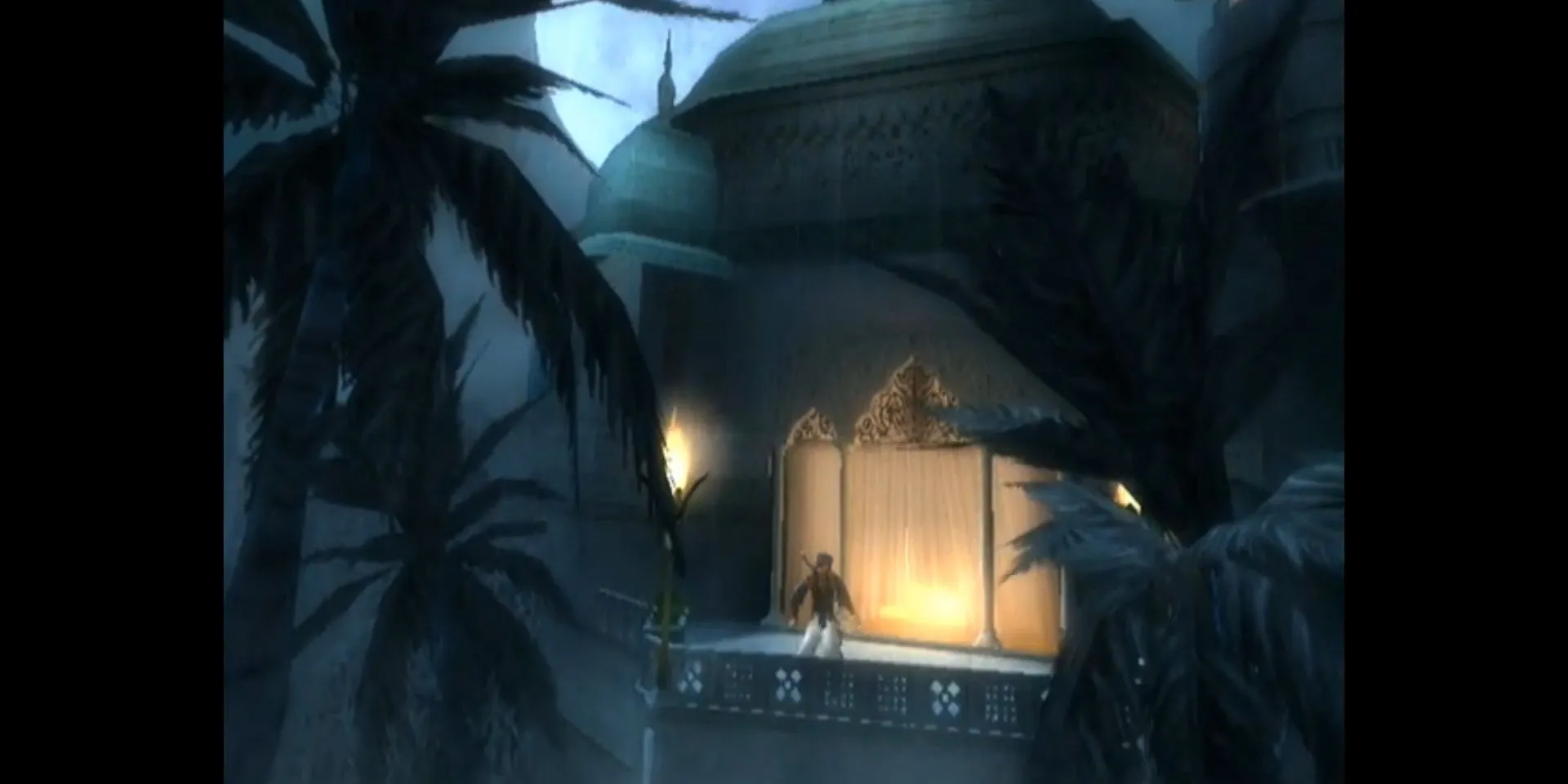 Hoàng tử Ba Tư kể lại câu chuyện cho Farah trên ban công trong Prince of Persia The Sands of Time