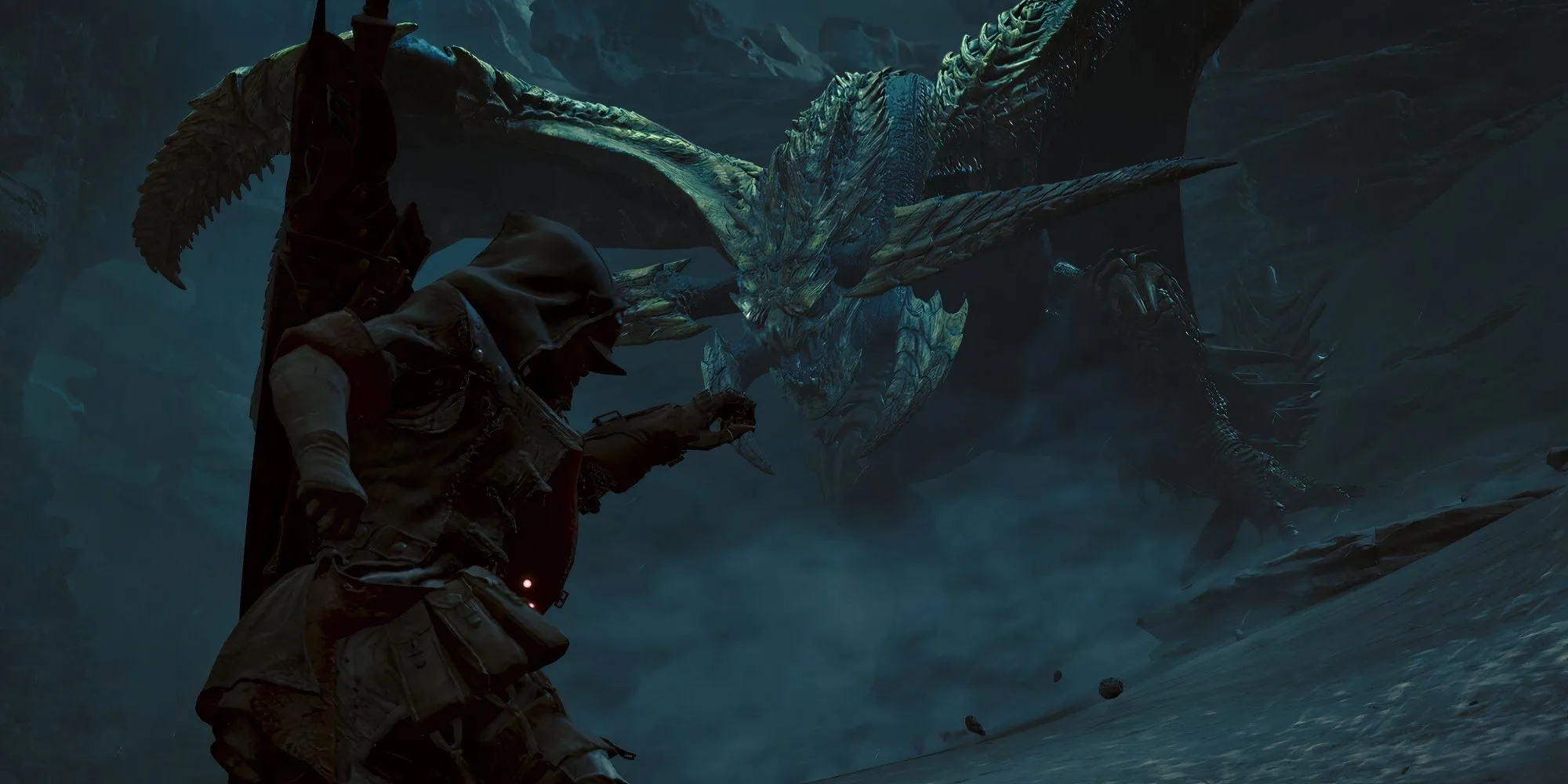 Hướng dẫn vũ khí trong Monster Hunter Wilds với hình ảnh thợ săn và quái vật.