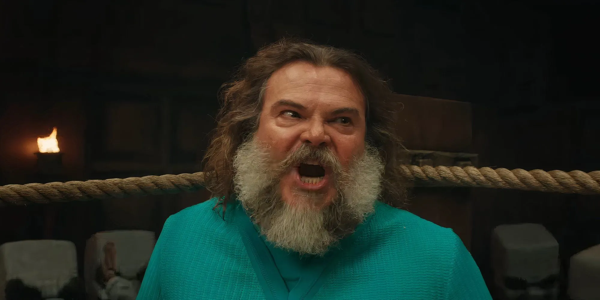 Jack Black trong vai Steve hét lớn 'Chicken Jockey' trong phim A Minecraft Movie.