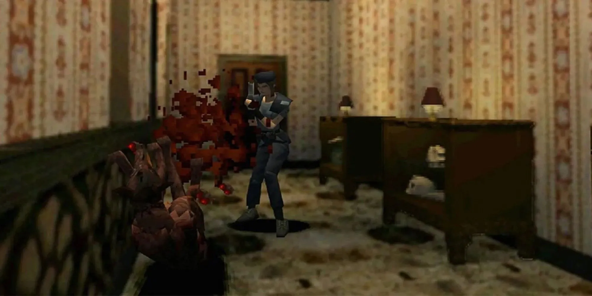 Jill Valentine trong Resident Evil Director's Cut bắn hạ zombie trong dinh thự