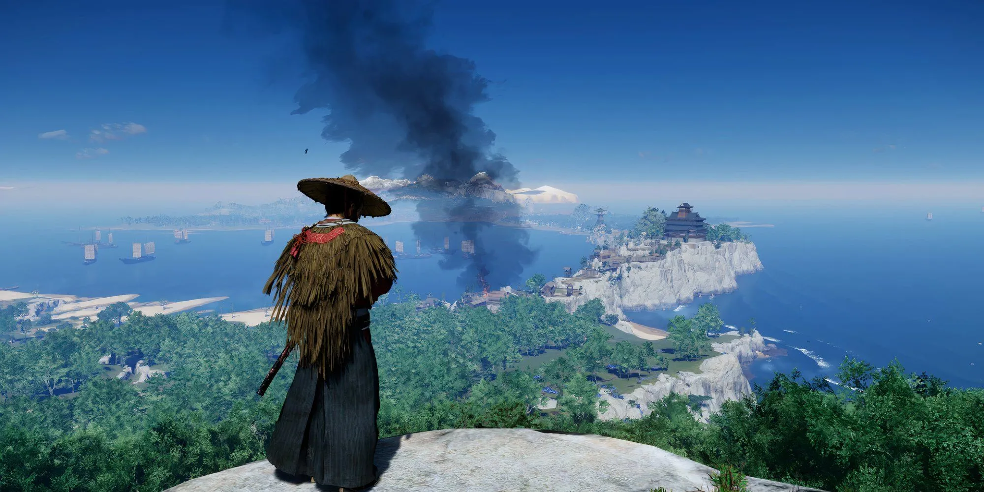 Jin Sakai đứng trên vách đá ngắm nhìn khung cảnh tuyệt đẹp của đảo Tsushima trong Ghost of Tsushima