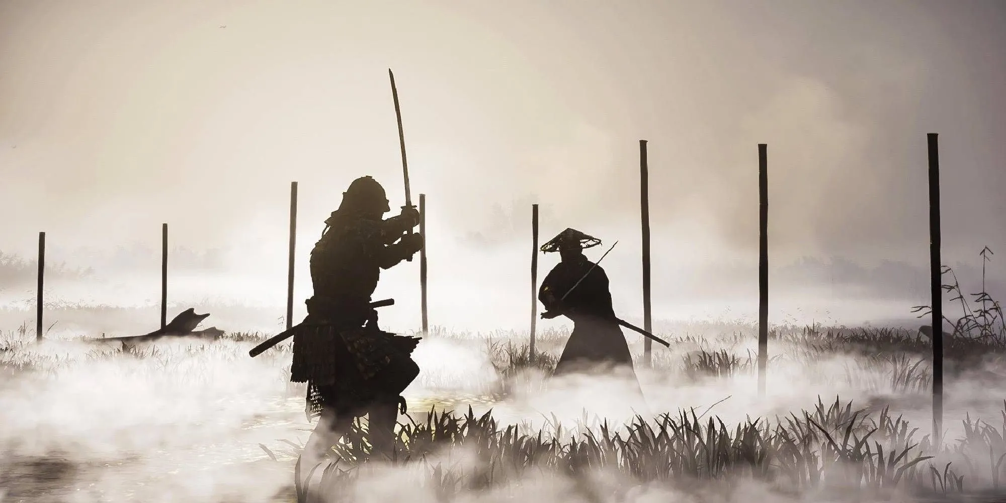 Jin Sakai trong Ghost of Tsushima đang trong một trận quyết đấu căng thẳng tại khu vực Đầm Lầy Chết Chìm
