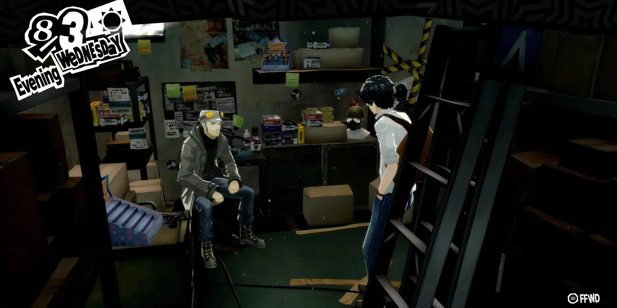 Joker tương tác với Iwai tại cửa hàng súng Untouchable, bắt đầu sự kiện Confidant Hanged Man trong Persona 5 Royal