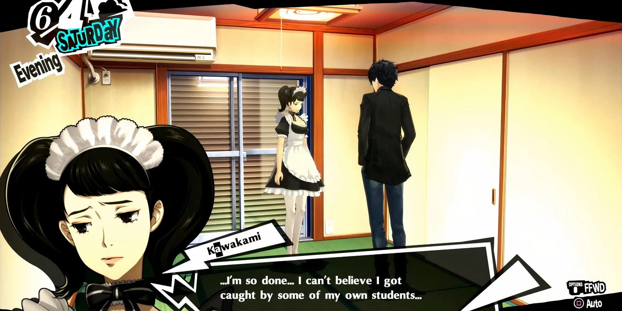Joker và Kawakami trong trang phục hầu gái tại Leblanc trong Persona 5 Royal