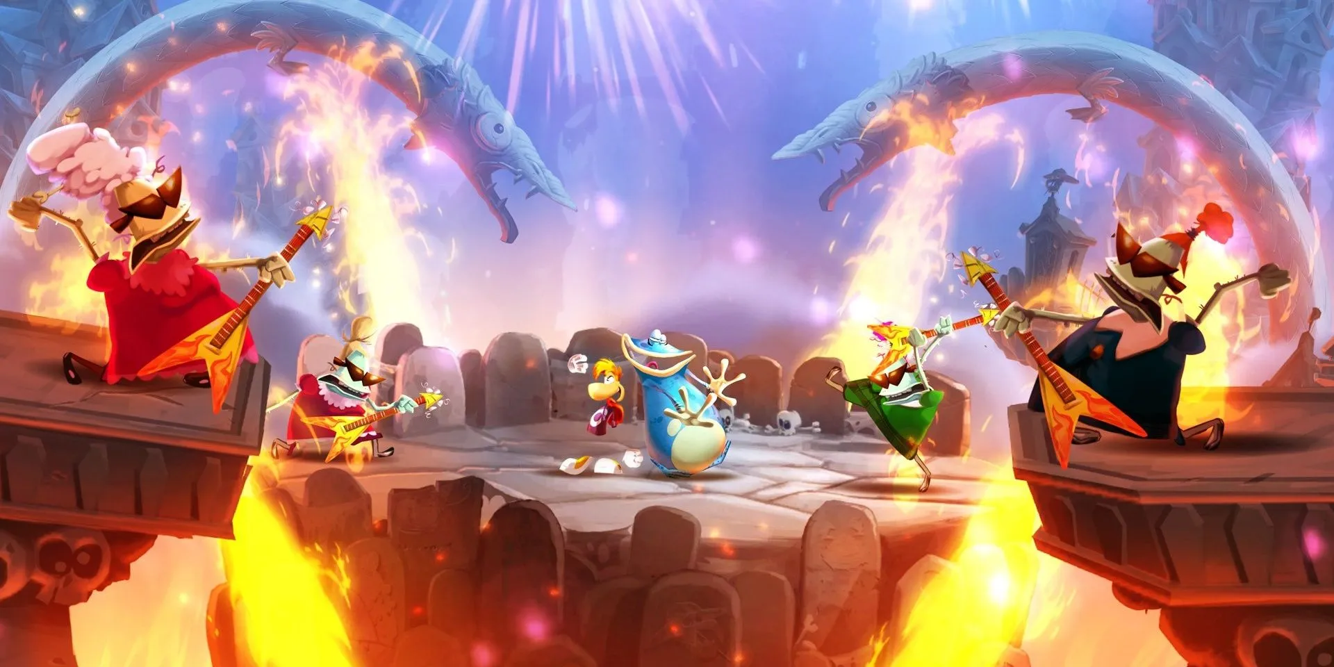 Kết thúc màn chơi Grannies World Tour trong Rayman Legends, nơi âm nhạc đồng bộ với hành động platform