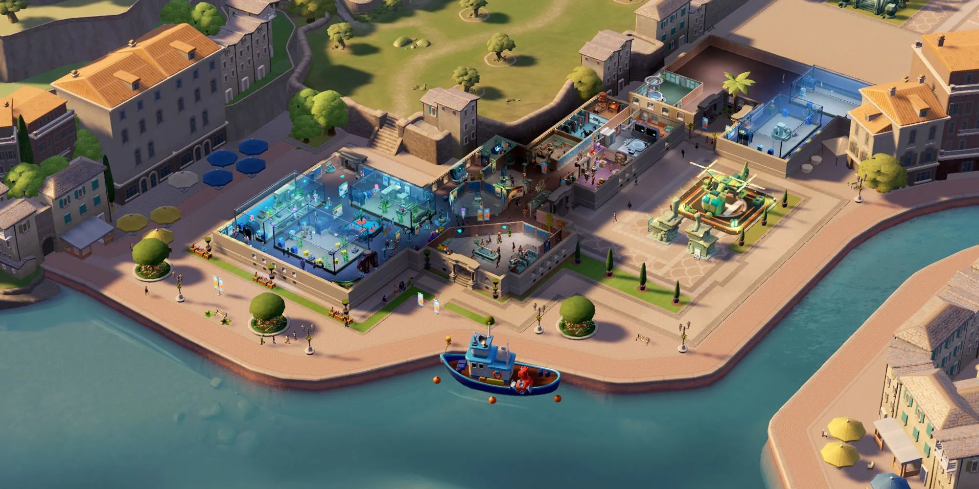 Khu vực bảo tàng Passwater Cove trong Two Point Museum với các bể cá lớn và trang trí theo chủ đề biển