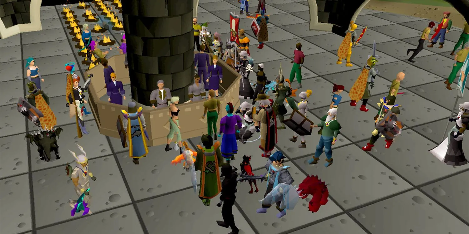 Khu vực đông đúc người chơi trong Old School RuneScape với đồ họa cổ điển đặc trưng
