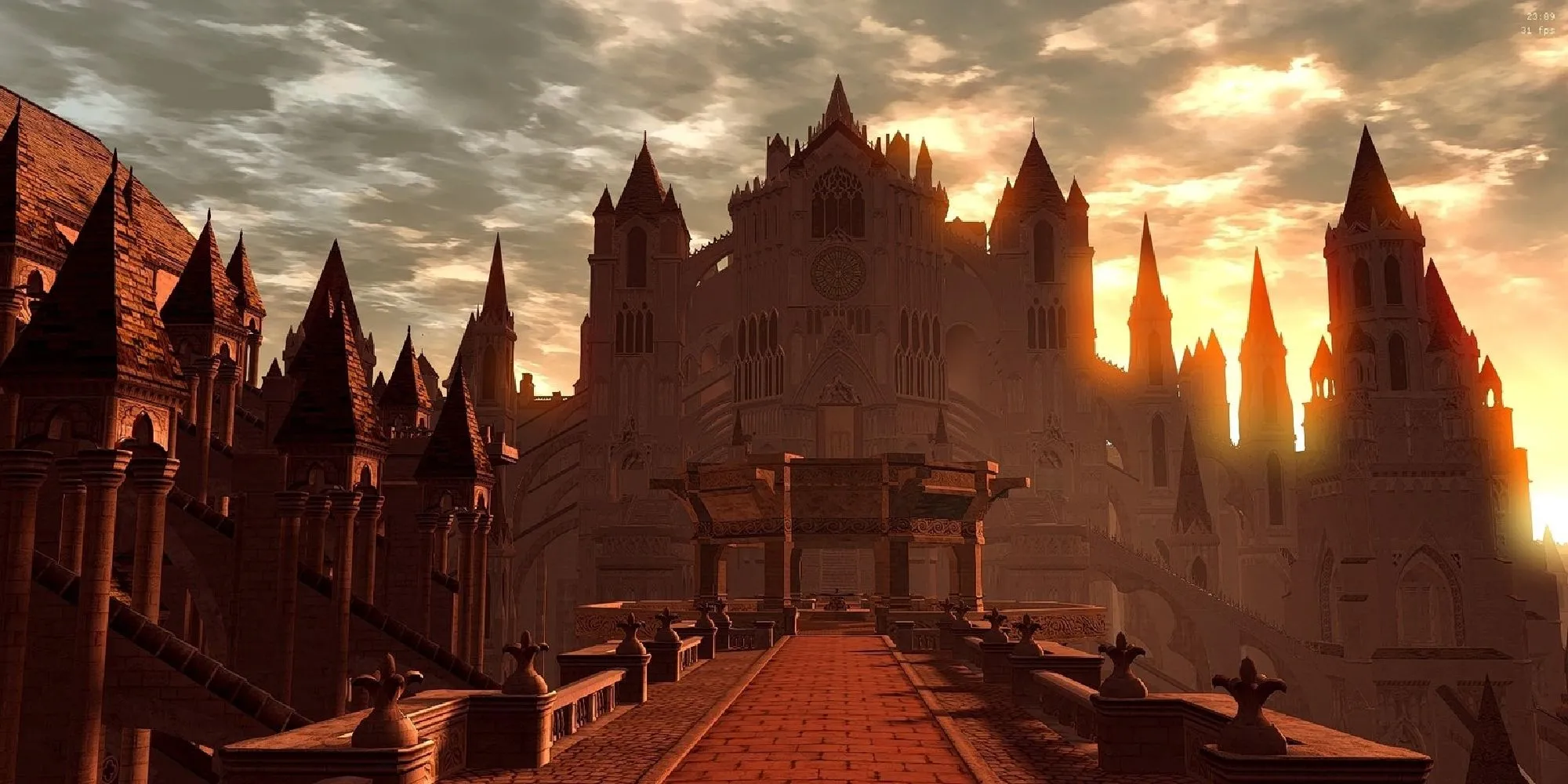 Khung cảnh Anor Londo hùng vĩ trong Dark Souls dưới ánh hoàng hôn