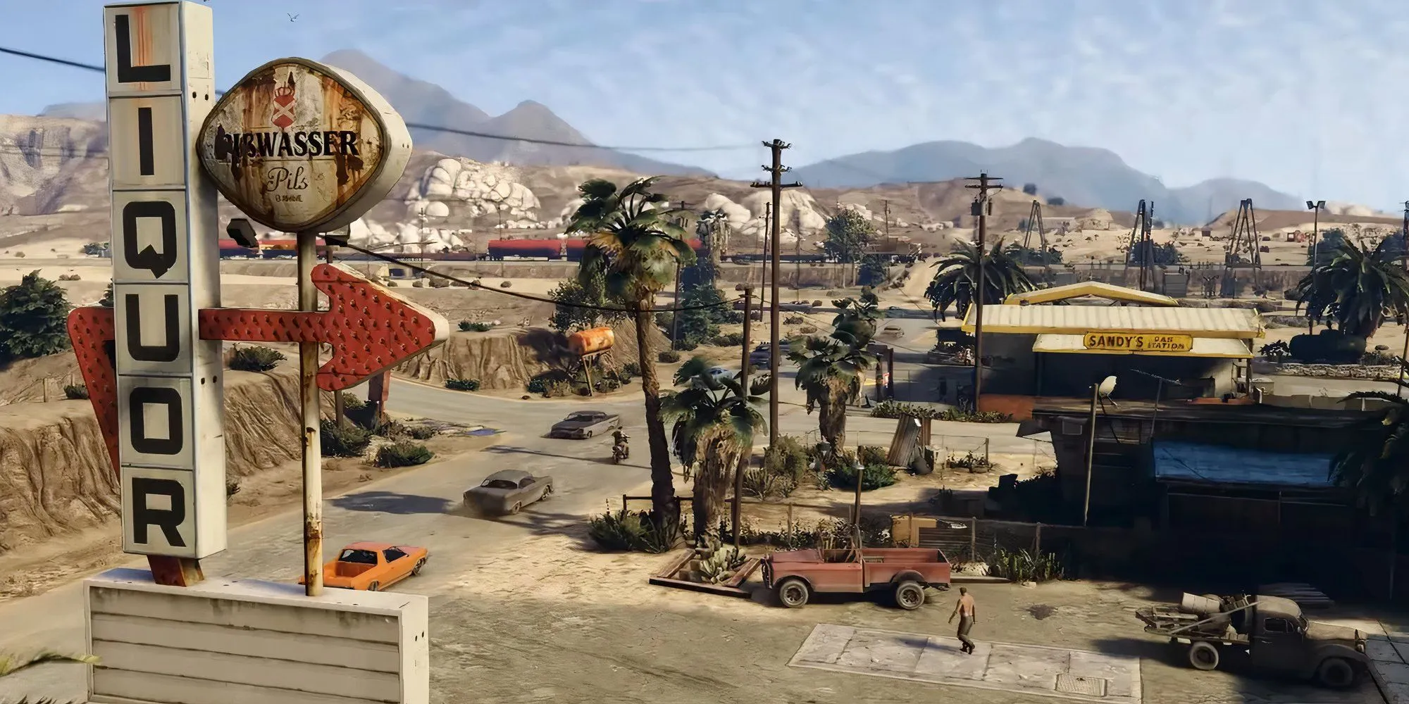 Khung cảnh sa mạc trong GTA 5, một phần của bản đồ Los Santos rộng lớn, khó đi bộ.