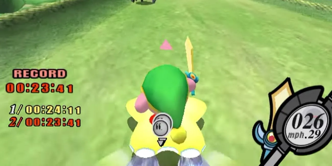 Kirby cưỡi Warp Star bay lượn trên đường đua Fantasy Meadows trong Kirby Air Ride