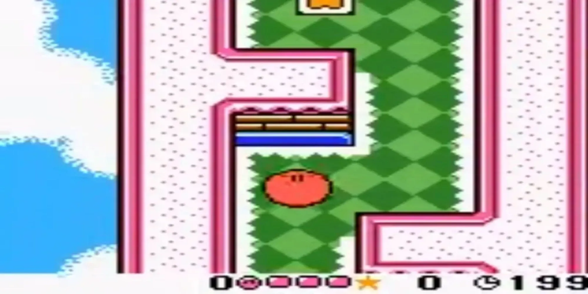 Kirby di chuyển trên màn hình game Kirby Tilt n Tumble trên GBC