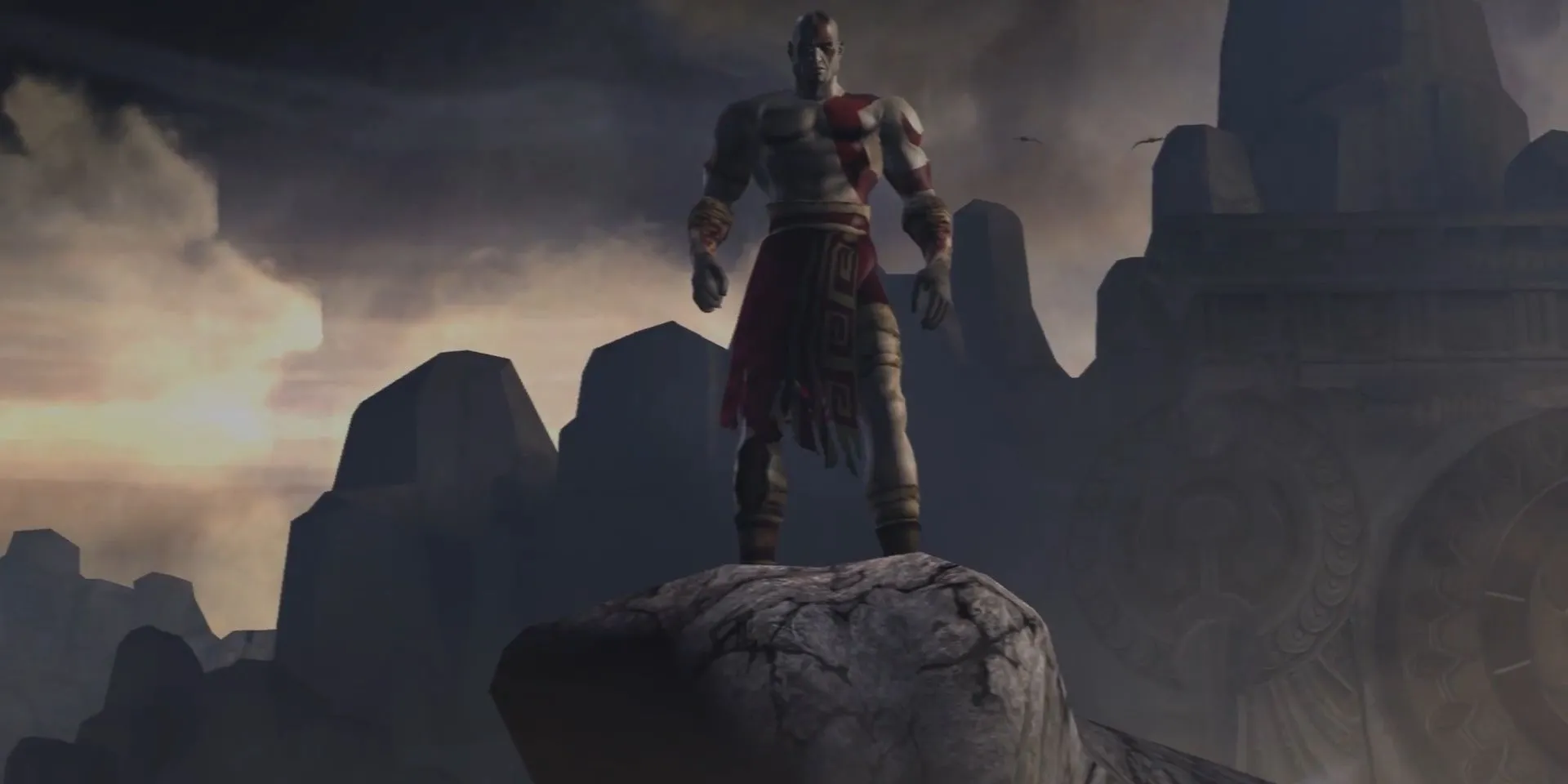 Kratos đứng trên vách đá Biển Aegean chuẩn bị tự vẫn trong God of War 2005