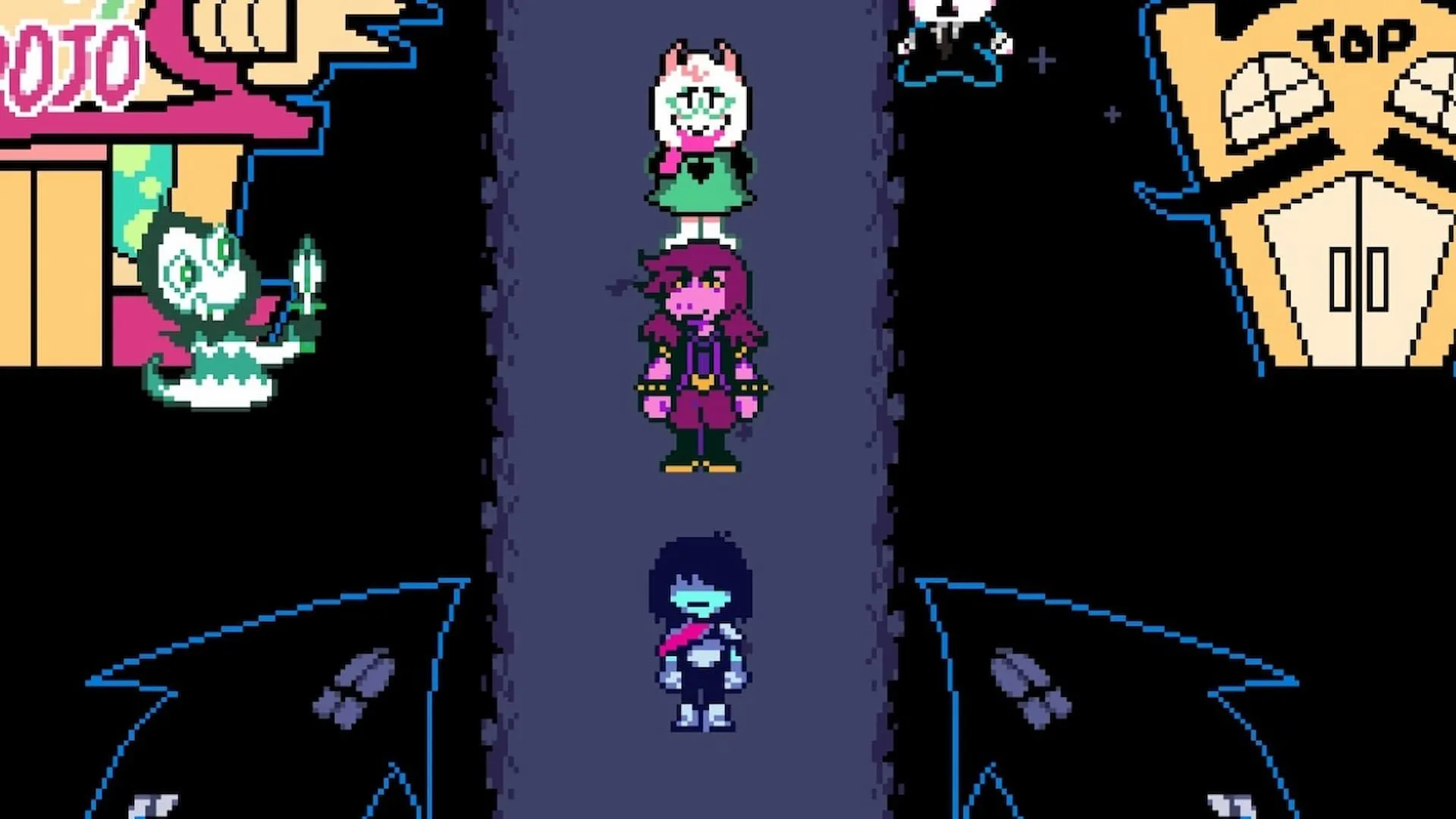 Kris, Ralsei và Susie ở thị trấn trong Deltarune