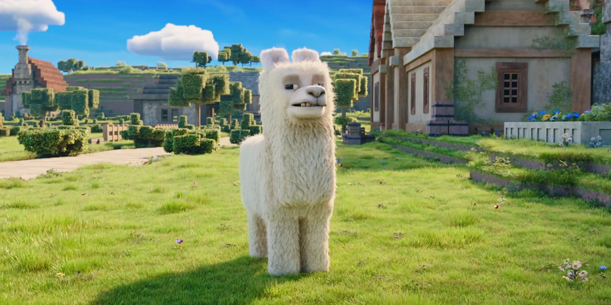 Lama CGI trong phim A Minecraft Movie, một yếu tố hình ảnh.