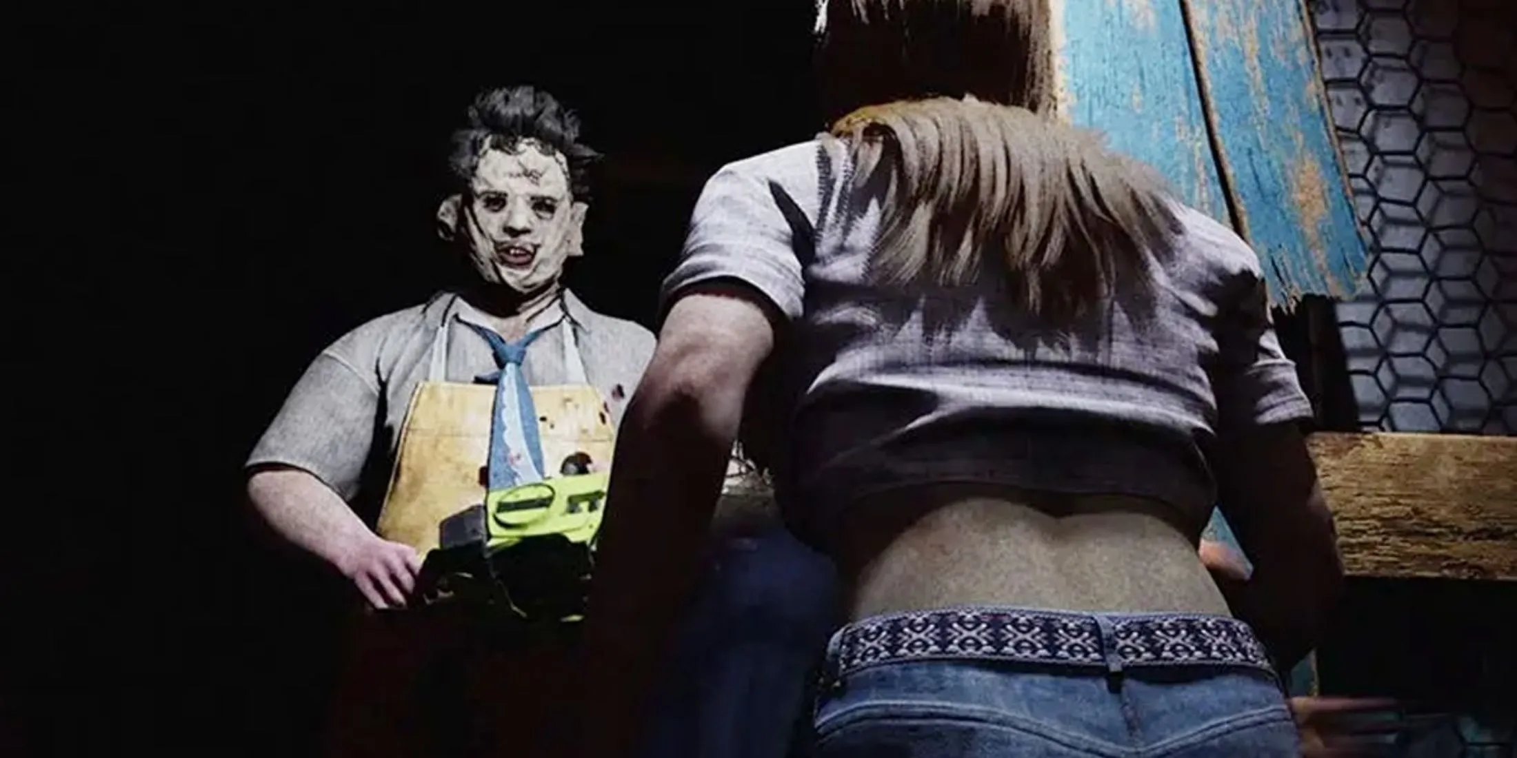 Leatherface đối mặt nạn nhân Connie tại lối thoát tầng hầm trong The Texas Chain Saw Massacre