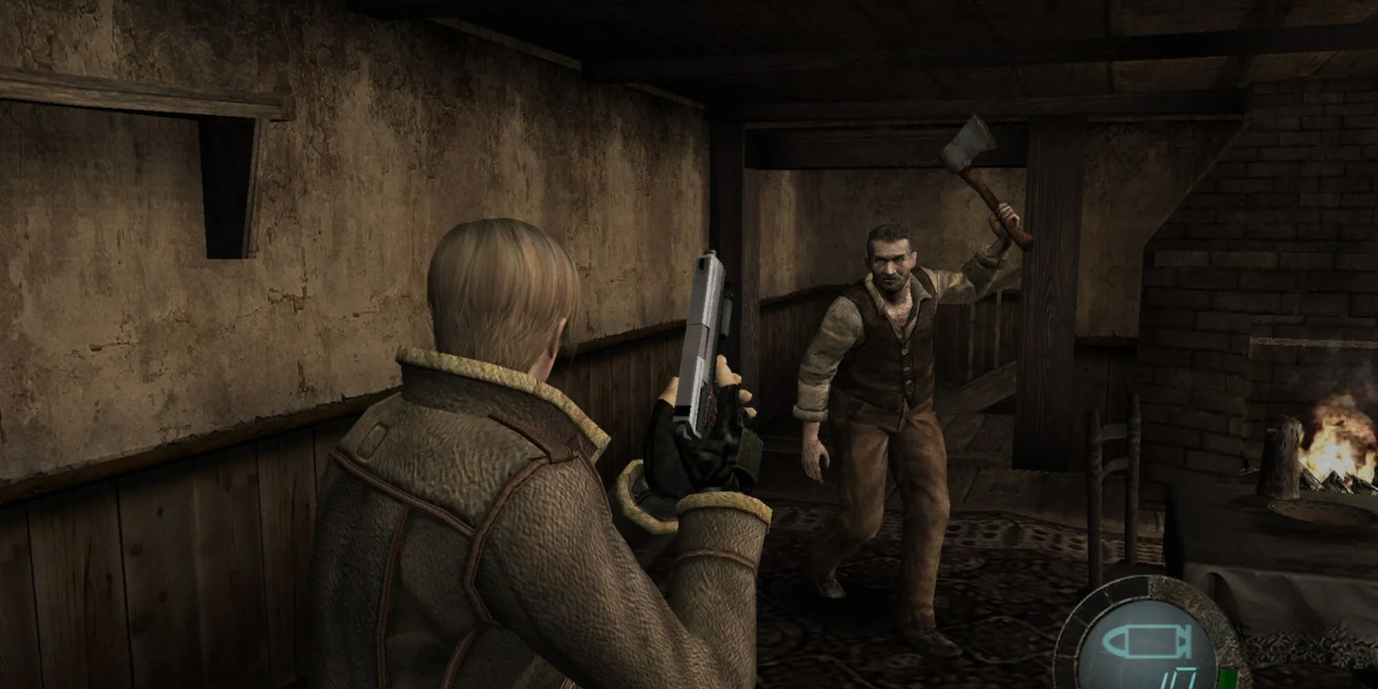Leon S. Kennedy chiến đấu với dân làng bị nhiễm Las Plagas trong Resident Evil 4