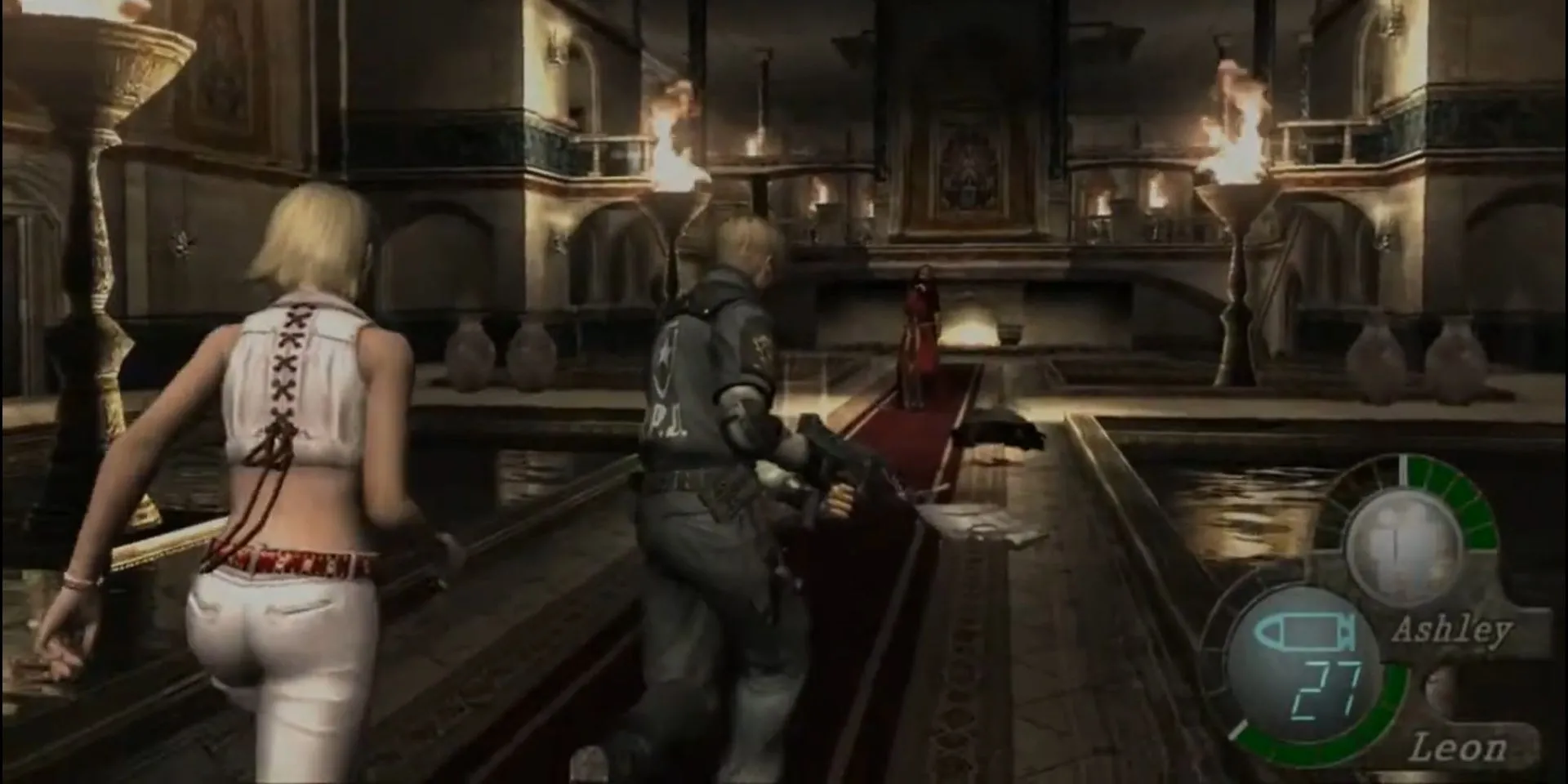 Leon và Ashley đối mặt với nguy hiểm trong The Water Hall của Resident Evil 4 (2005)