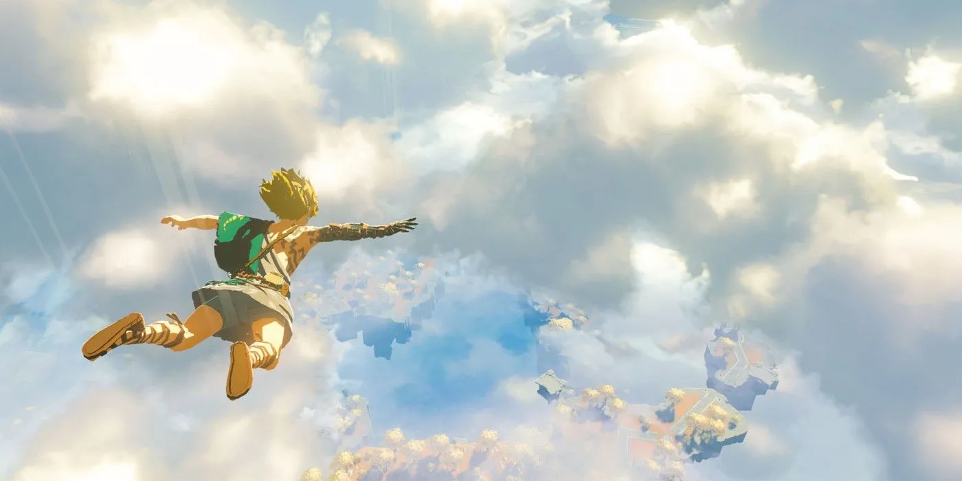 Link đang rơi tự do từ những hòn đảo trên trời xuống vùng đất Hyrule trong The Legend of Zelda: Tears of the Kingdom