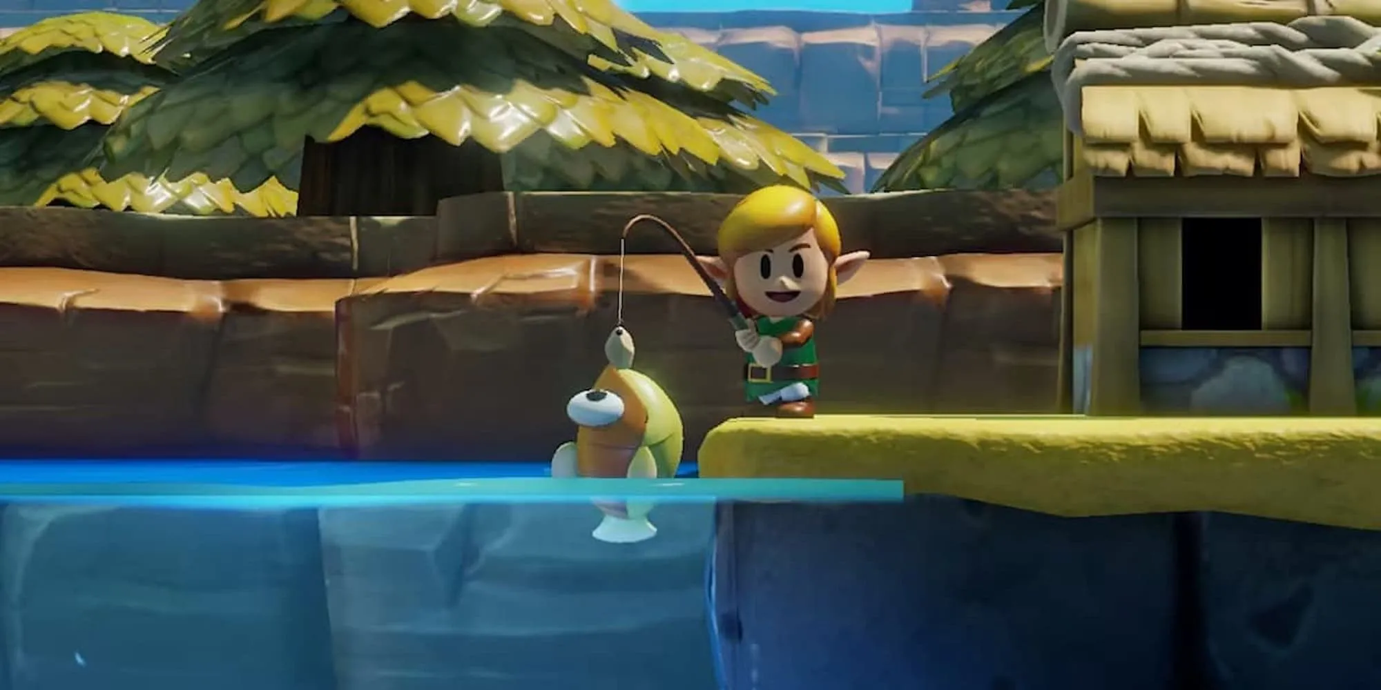 Link đồ họa chibi đang câu cá trên hòn đảo bí ẩn trong game phiêu lưu The Legend of Zelda Link's Awakening