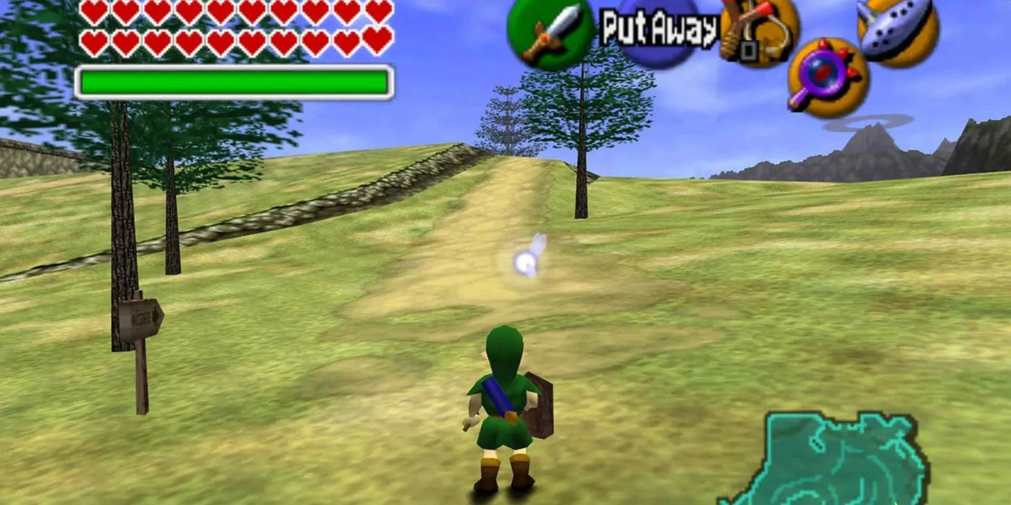 Link khám phá vùng đất Hyrule trong The Legend of Zelda: Ocarina of Time với đồ họa 3D thời kỳ đầu
