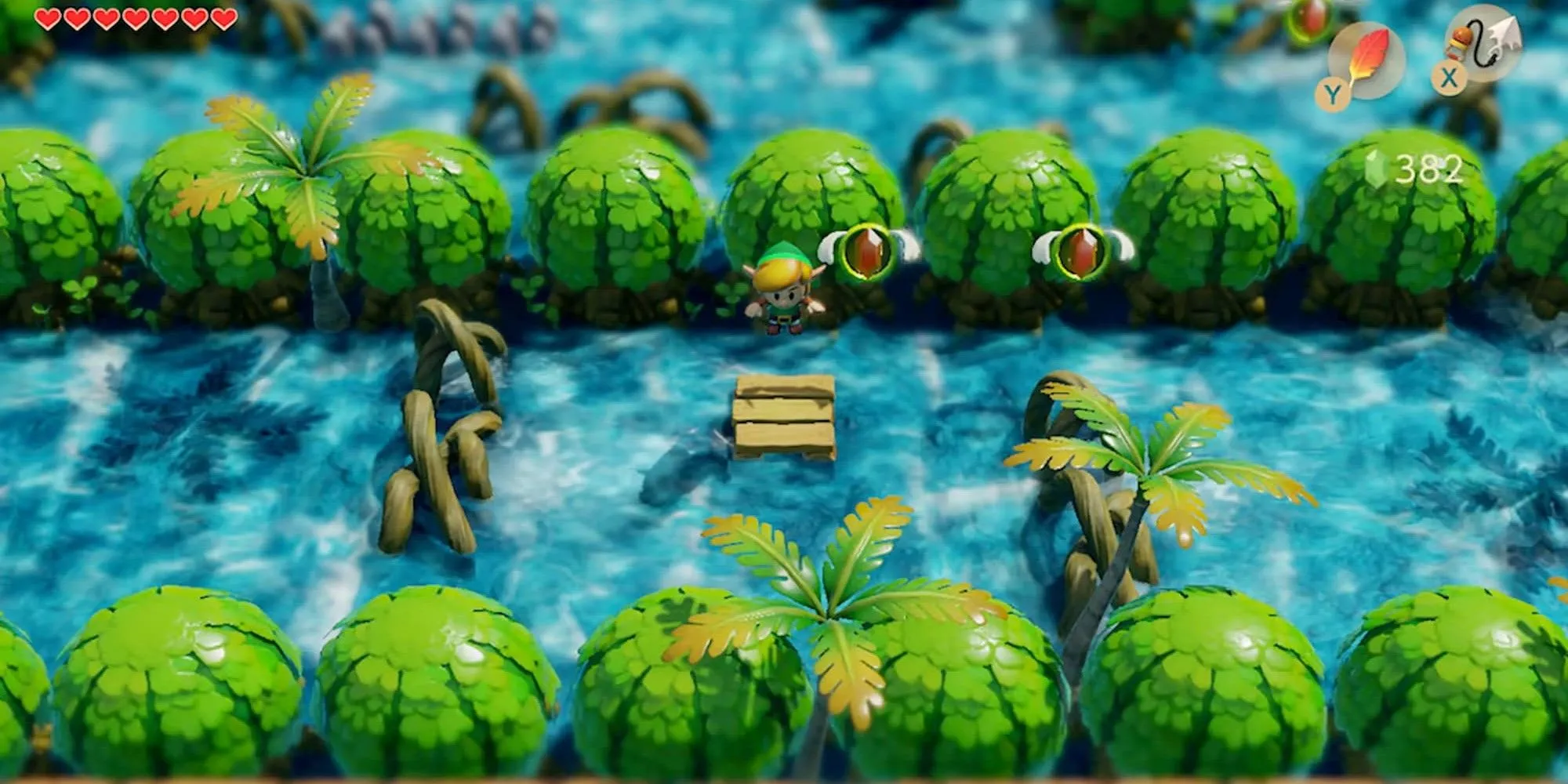 Link nhảy qua sông trong The Legend of Zelda Link's Awakening phiên bản remake