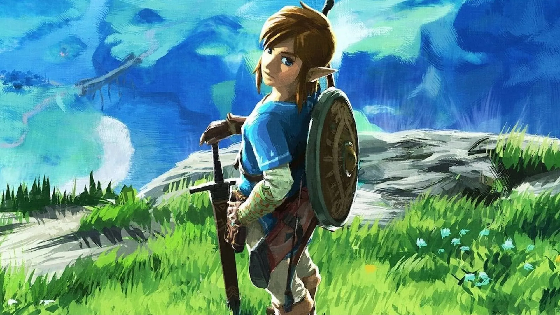 Link nhìn ra vùng đất Hyrule rộng lớn trong The Legend of Zelda: Breath of the Wild trên Nintendo Switch 2