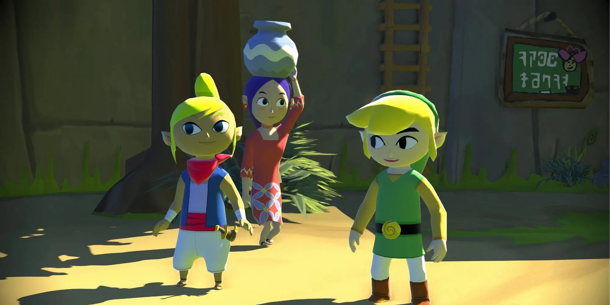 Link và Tetra trò chuyện với cư dân trong game Legend of Zelda Wind Waker HD với đồ họa hoạt hình