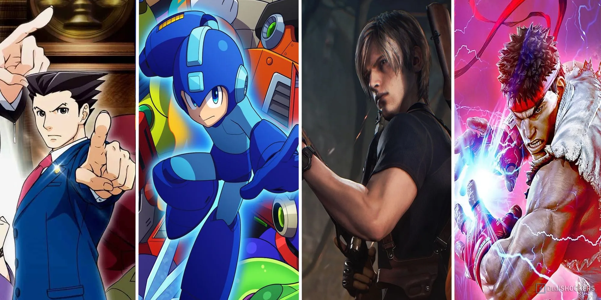 Logo các thương hiệu game nổi tiếng của Capcom gồm Ace Attorney, Mega Man, Resident Evil và Street Fighter