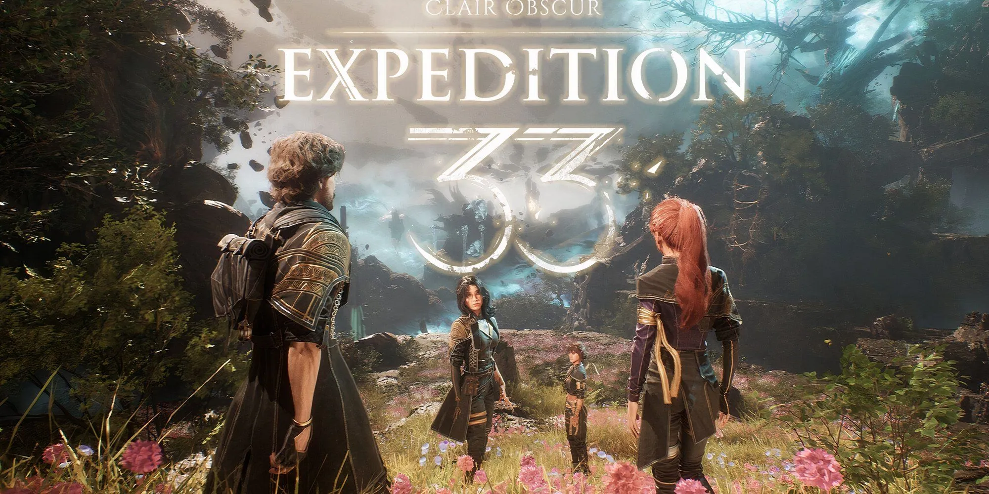 Logo Clair Obscur Expedition 33 và nhóm nhân vật chính của game