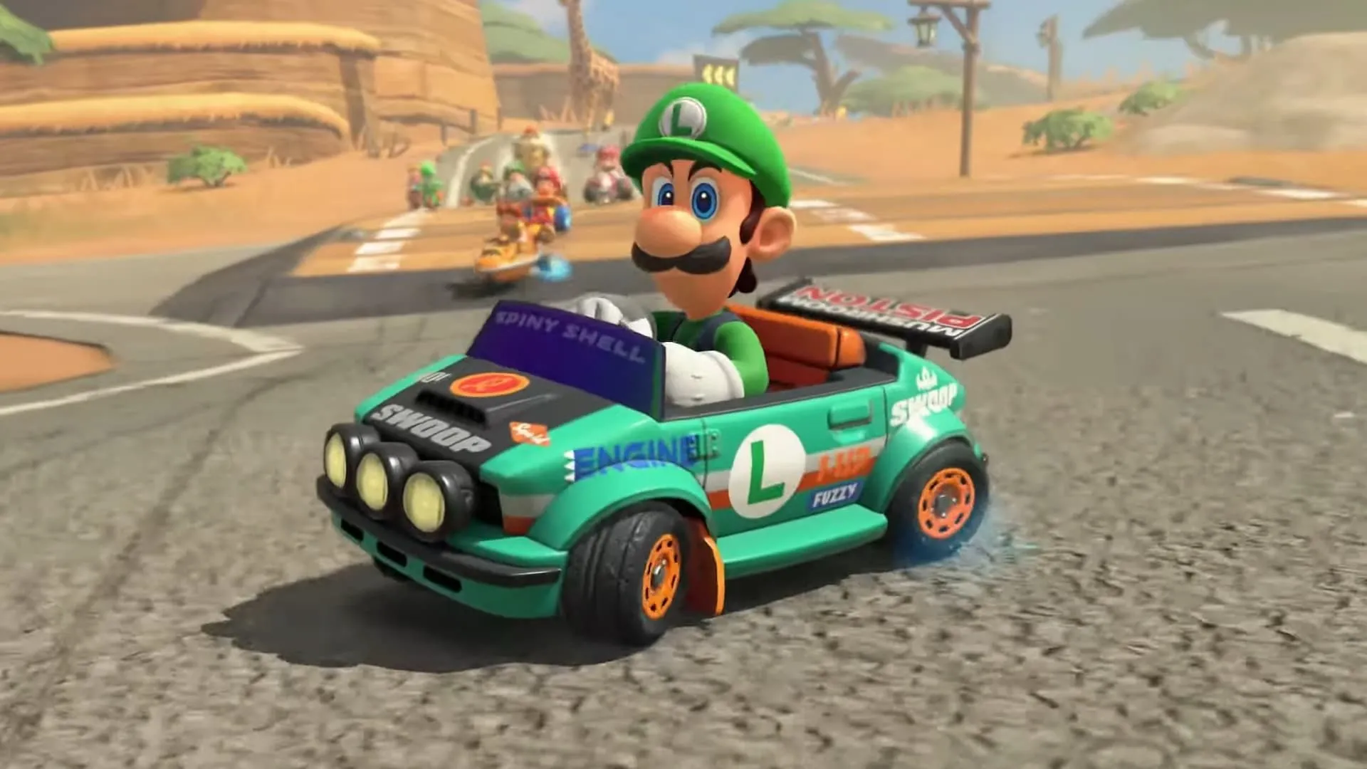Luigi lái xe trong Mario Kart World với vẻ mặt tập trung trên một đường đua đầy màu sắc