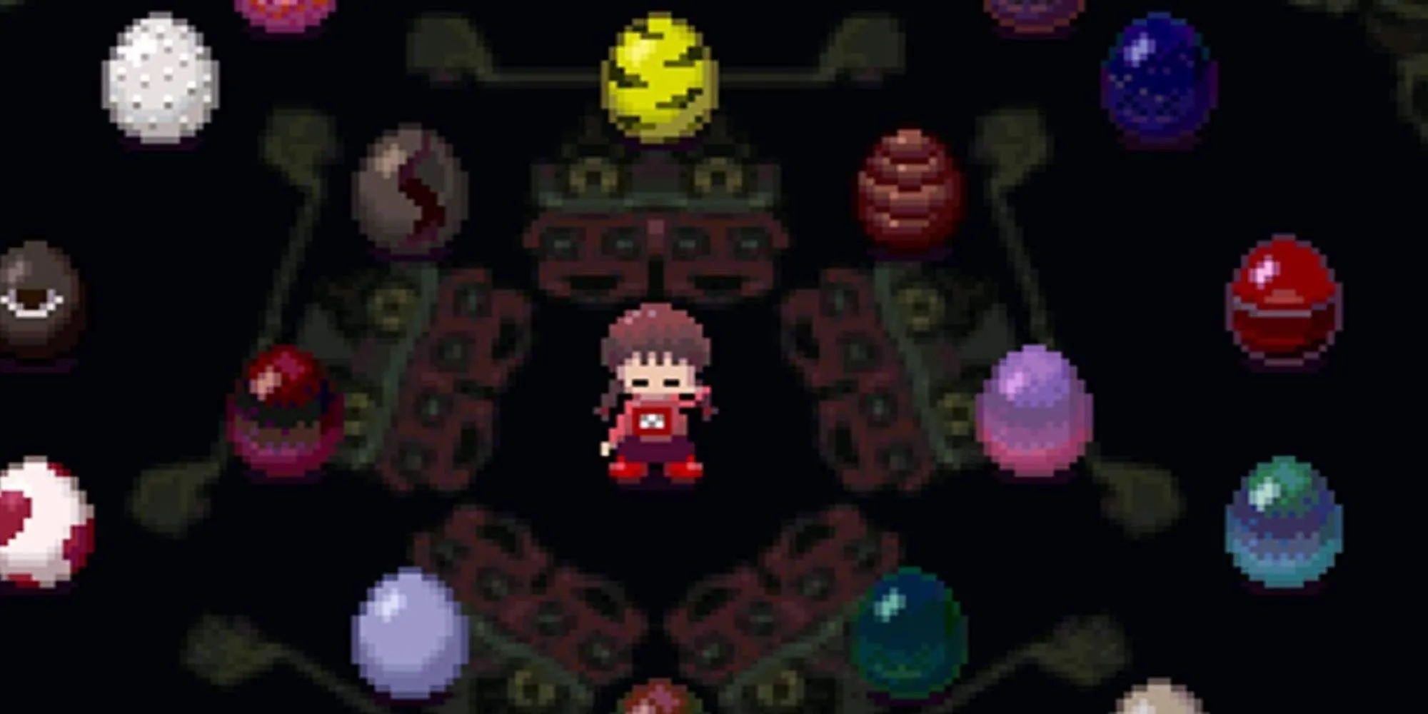 Madotsuki giữa những quả trứng nhiều màu sắc trong Yume Nikki