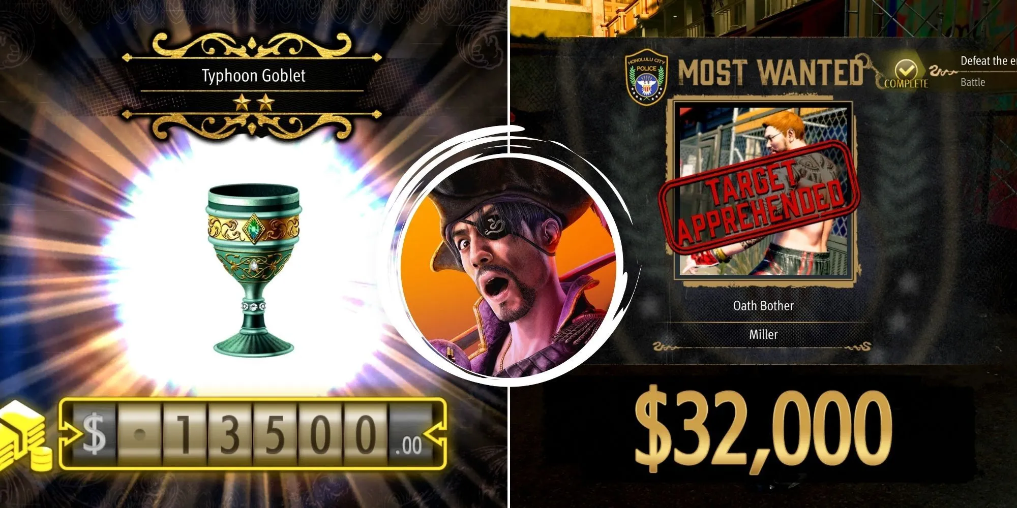 Majima trong Like a Dragon Pirate Yakuza cầm xấp tiền lớn, nhấn mạnh việc mua sắm trang phục và phụ kiện cần nhiều chi phí.