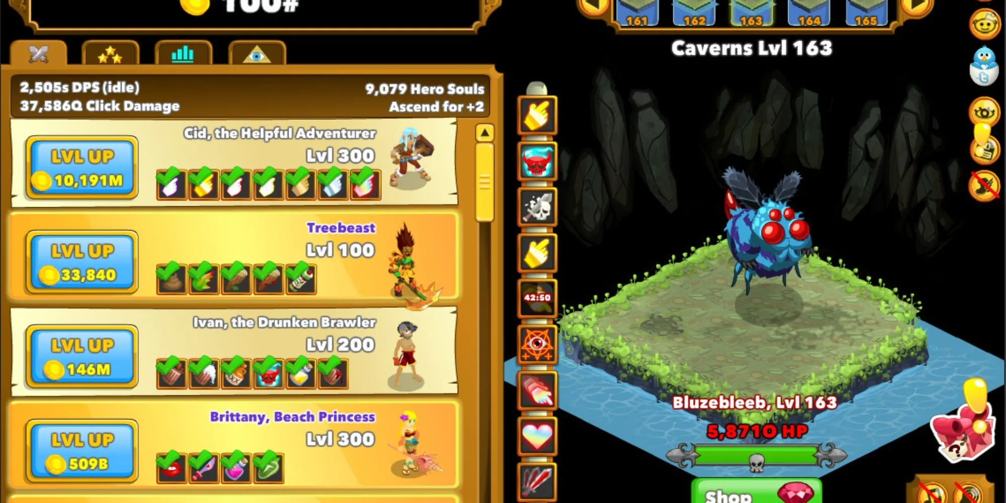 Màn hình Anh hùng và màn hình Caverns cấp 163 trong Clicker Heroes