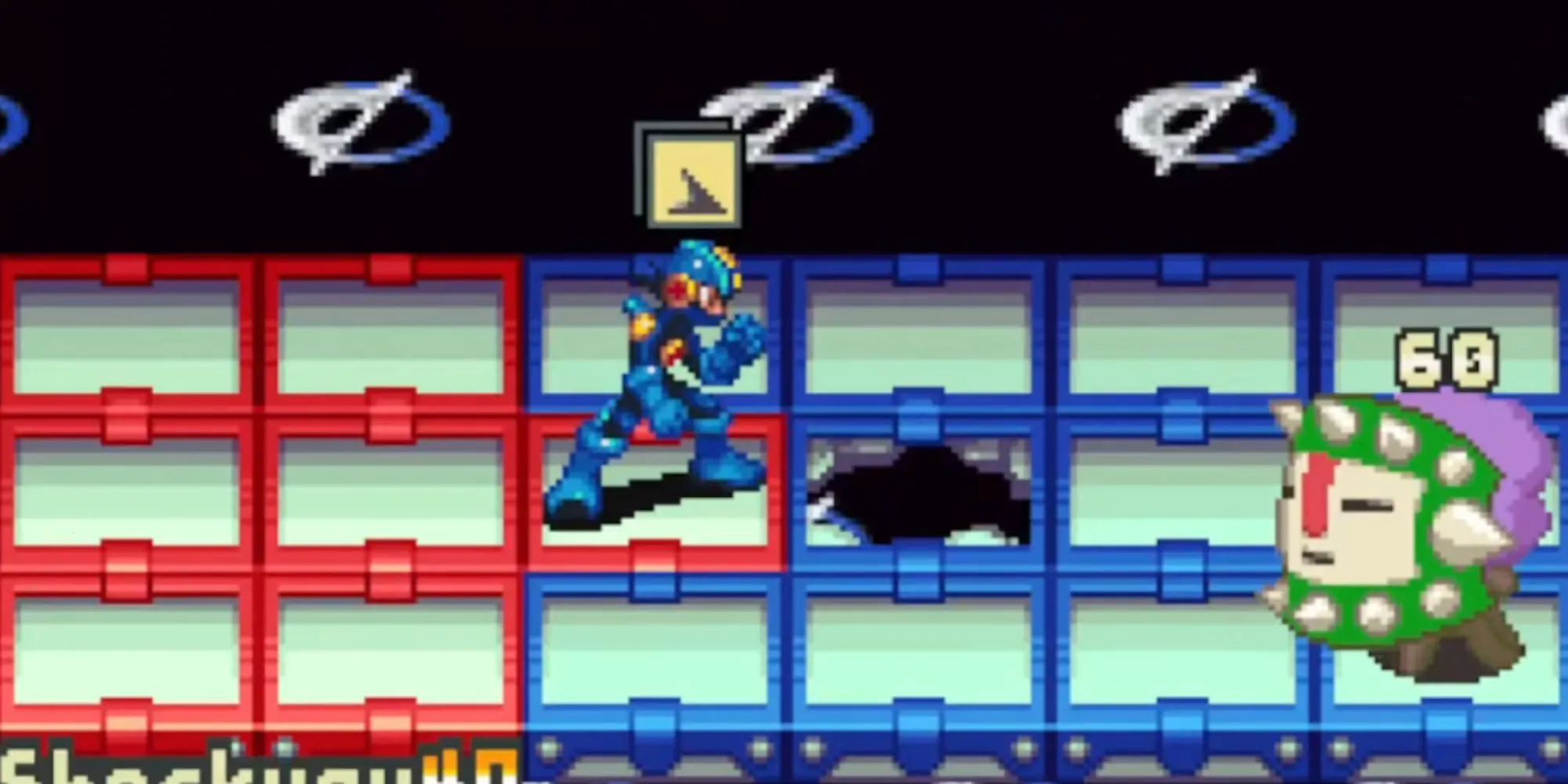 Màn hình chiến đấu trong Mega Man Battle Network 2 với MegaMan.EXE đối mặt kẻ thù trên lưới ô vuông