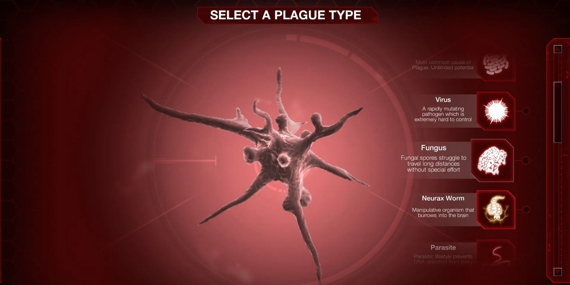 Màn hình chọn loại mầm bệnh trong Plague Inc: Evolved