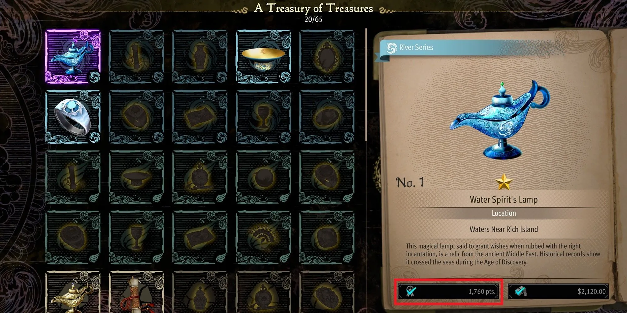 Màn hình danh sách Kho báu (Treasures) trong Like A Dragon: Pirate Yakuza in Hawaii