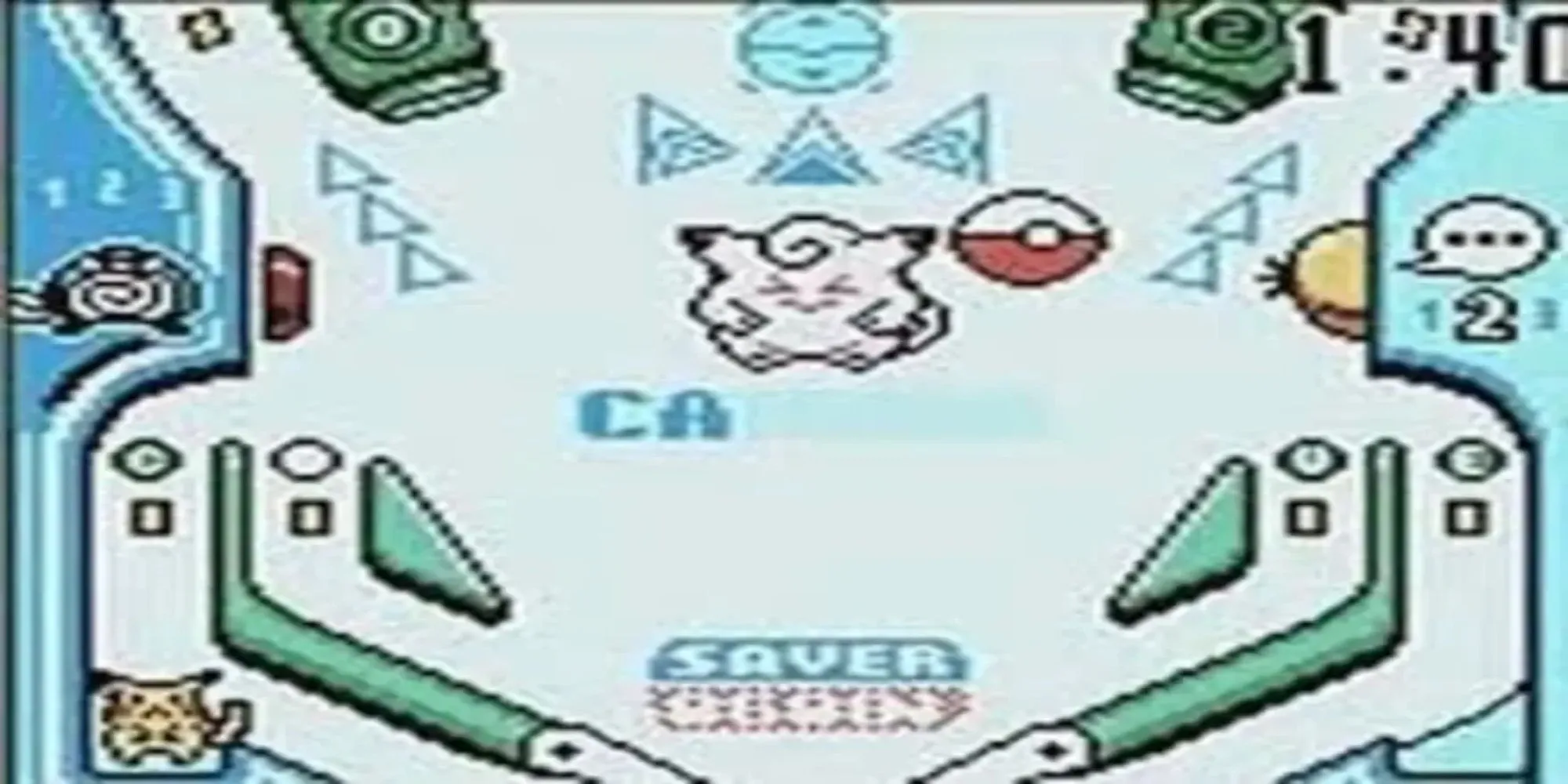 Màn hình game Pokemon Pinball trên Game Boy Color hiển thị bàn pinball và các Pokemon