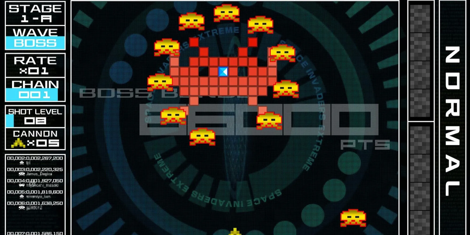 Màn hình gameplay Space Invaders Extreme với đồ họa và hiệu ứng hiện đại