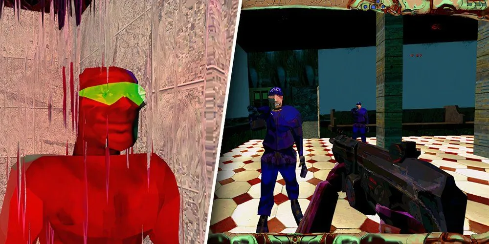 Màn hình gameplay với đồ họa kỳ dị, màu sắc hỗn loạn của game Cruelty Squad