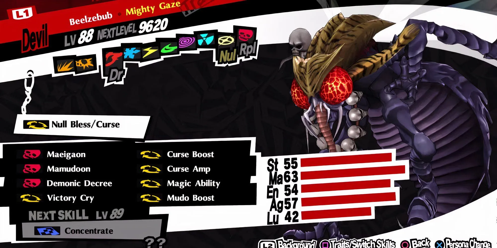 Màn hình hiển thị chỉ số của Persona Beelzebub hệ Devil trong Persona 5 Royal