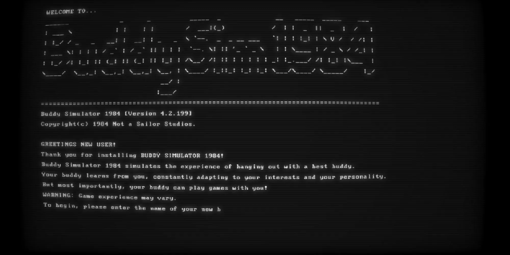 Màn hình tiêu đề của Buddy Simulator 1984, một tựa game phiêu lưu dựa trên văn bản độc đáo