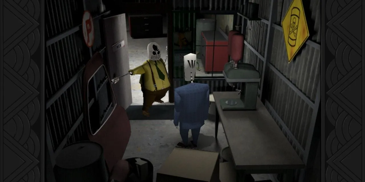 Manny Calavera đứng trong nhà kho ở Grim Fandango