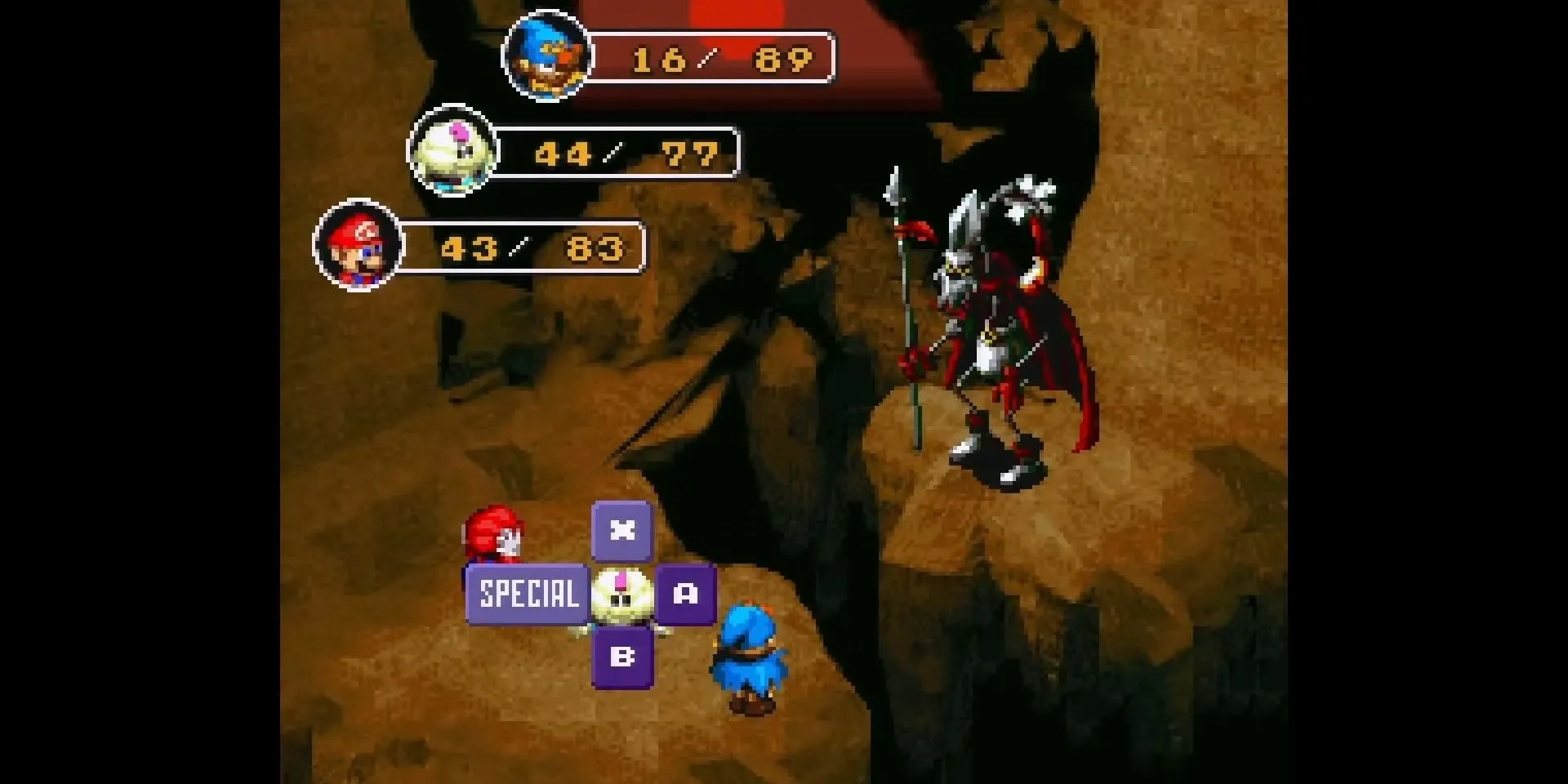 Mario và đồng đội chiến đấu với Yaridovich trong Super Mario RPG
