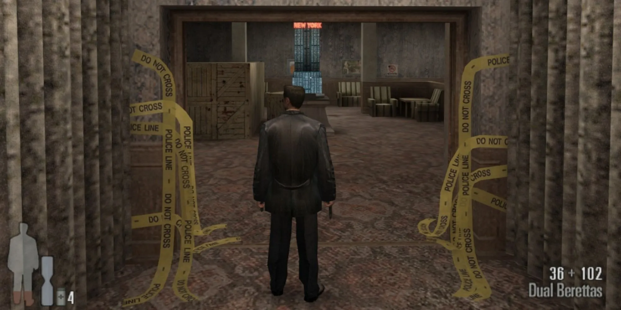 Max Payne đứng trong khách sạn với hiệu ứng noir đặc trưng