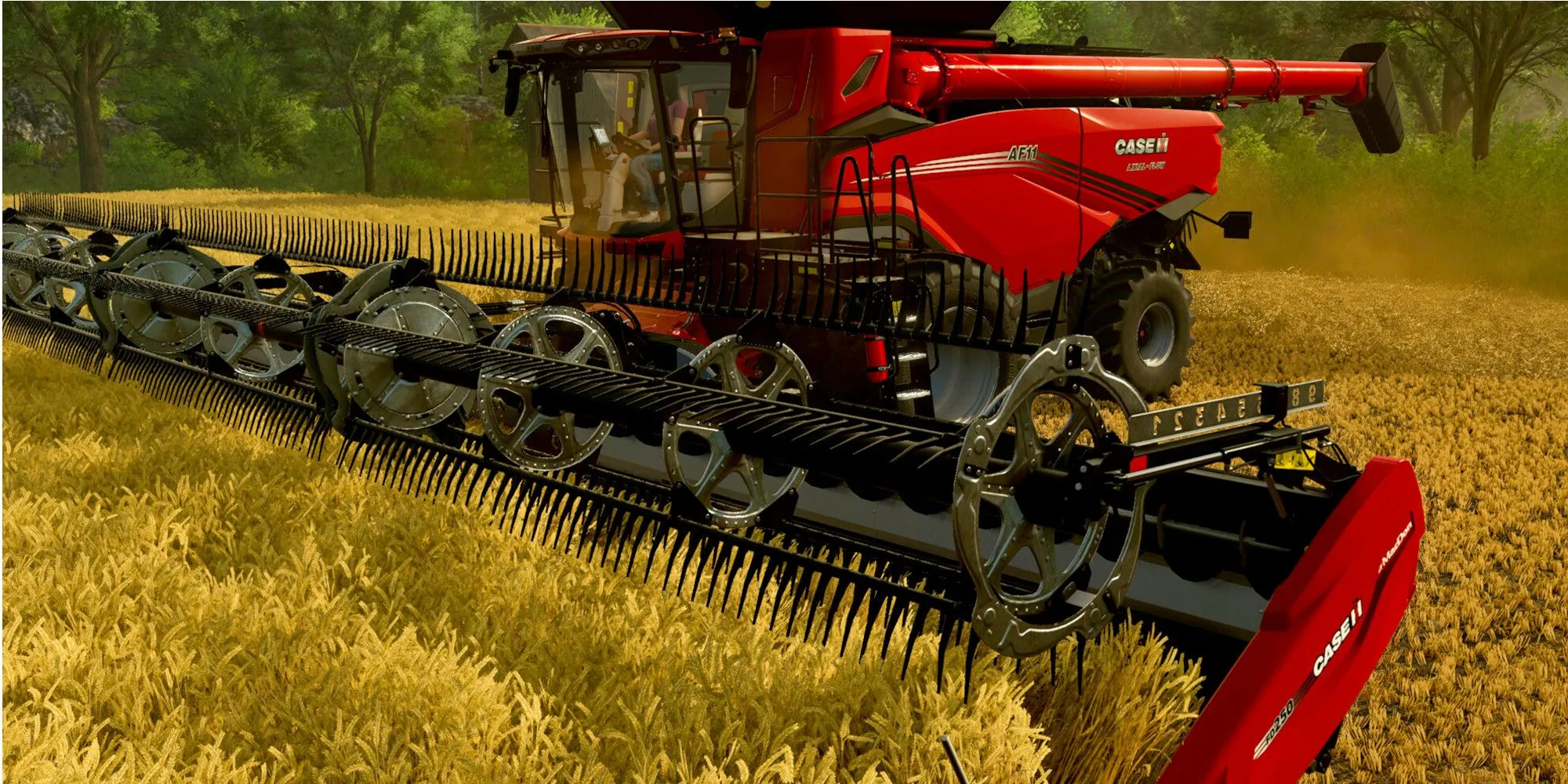 Máy kéo màu đỏ đang thu hoạch ngũ cốc trong Farming Simulator 25